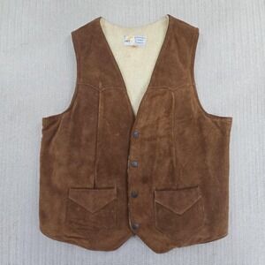 Vintage Simco Vest Mens 44 Large Brown Leather Sherpa Lined Snap Western Cowboy
